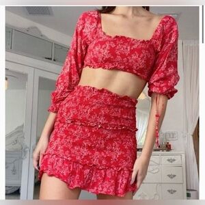 Urban Outfitters Two Piece Co-Ord Skirt Set Long Sleeve Top Red Floral Size L
